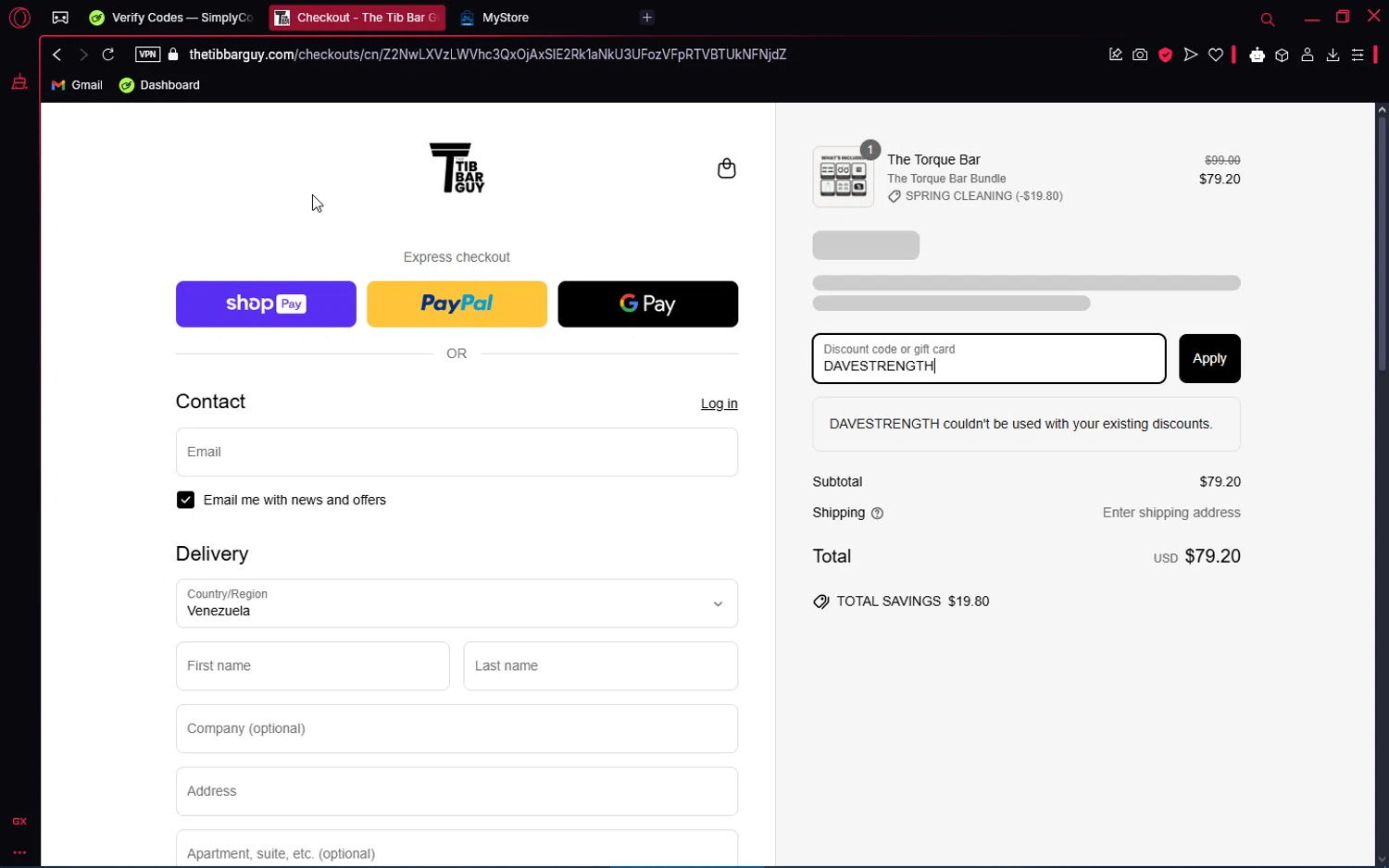 The Tib Bar Guy promo code screenshot showing code DAVESTRENGTH applied at The Tib Bar Guy checkout page. Uploaded by SimplyCodes community member editor_1 on Mar 25, 2025