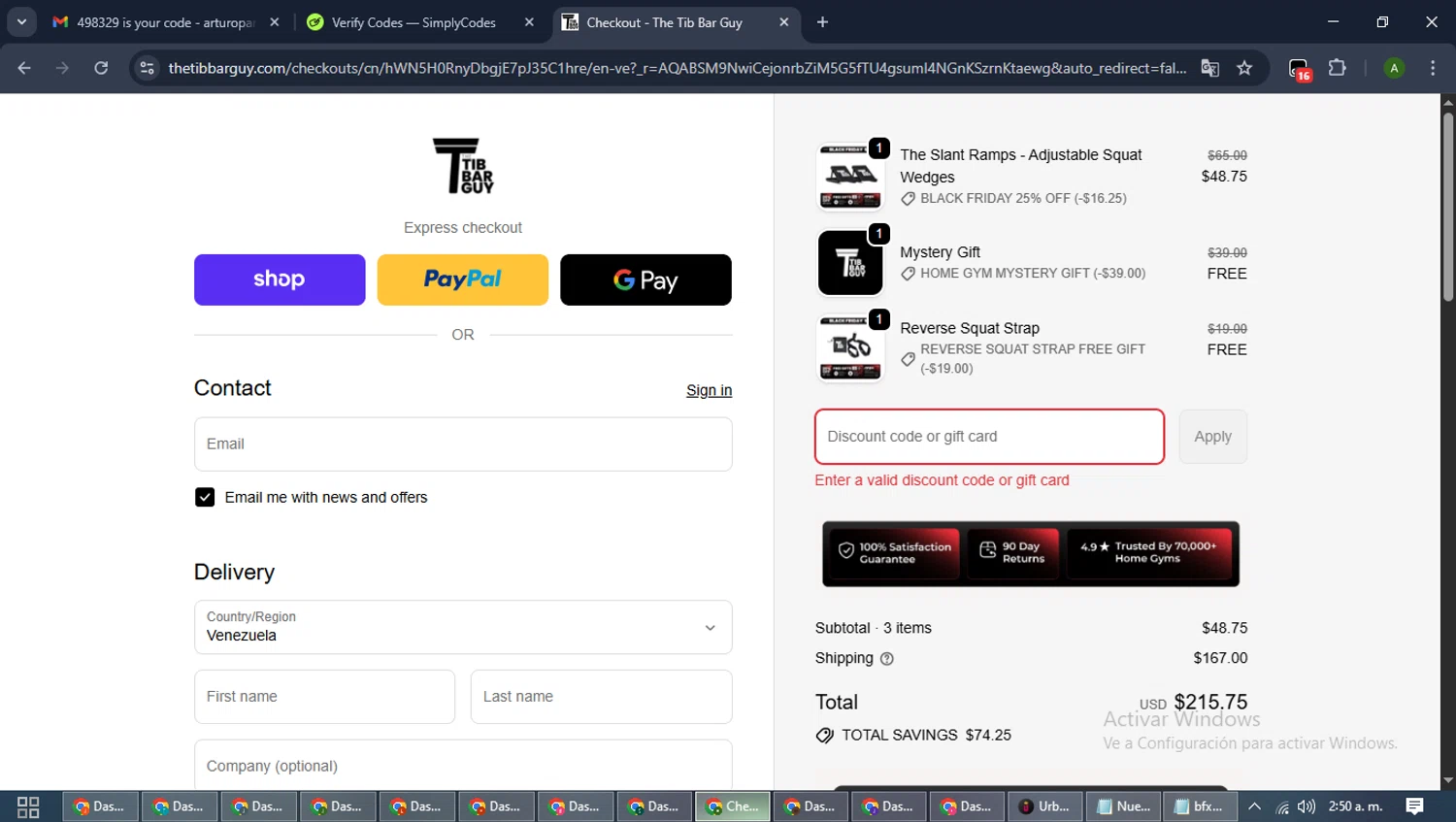 The Tib Bar Guy promo code screenshot showing code 9AJS1D72 applied at The Tib Bar Guy checkout page. Uploaded by SimplyCodes community member CashLynx5338 on Nov 14, 2025