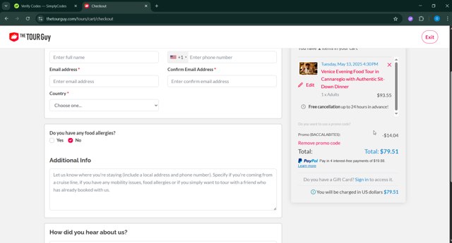The Tour Guy checkout page showing The Tour Guy promo code box | Screenshot taken by SimplyCodes community member on May 12, 2025