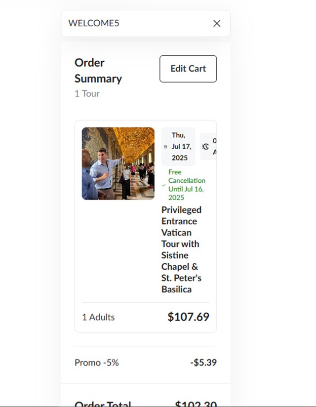 The Tour Guy checkout page showing The Tour Guy promo code box | Screenshot taken by SimplyCodes community member on Jul 16, 2025