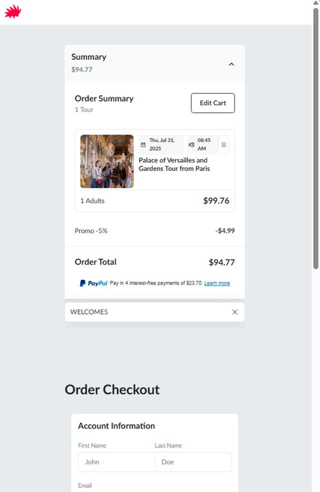 The Tour Guy checkout page showing The Tour Guy promo code box | Screenshot taken by SimplyCodes community member on Jul 30, 2025