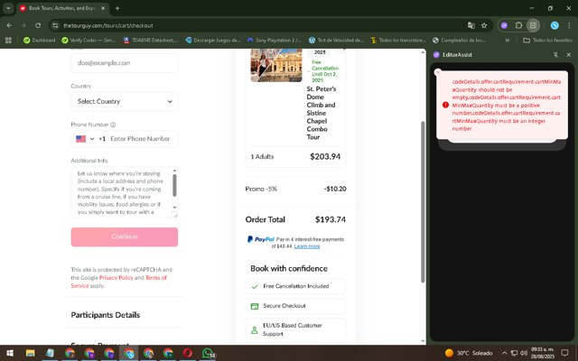 The Tour Guy checkout page showing The Tour Guy promo code box | Screenshot taken by SimplyCodes community member on Aug 28, 2025