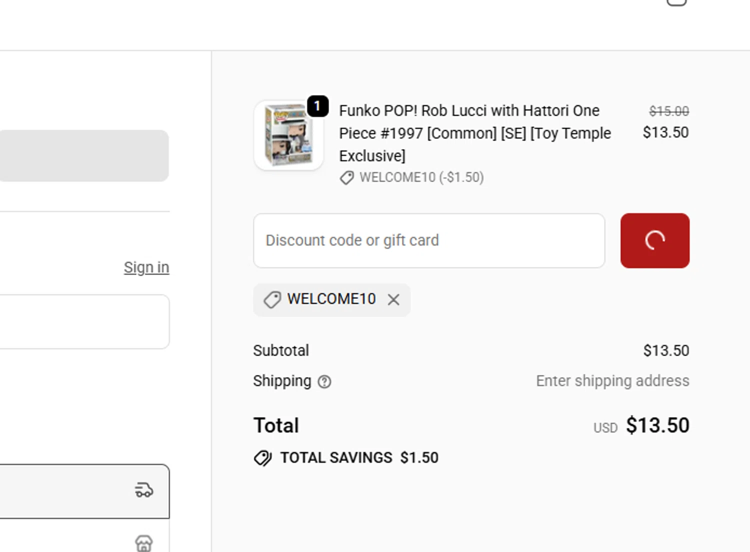 Toy Temple discount code screenshot showing code WELCOME10 applied at Toy Temple checkout page. Uploaded by SimplyCodes community member ITSO1676764508225 on Oct 7, 2025