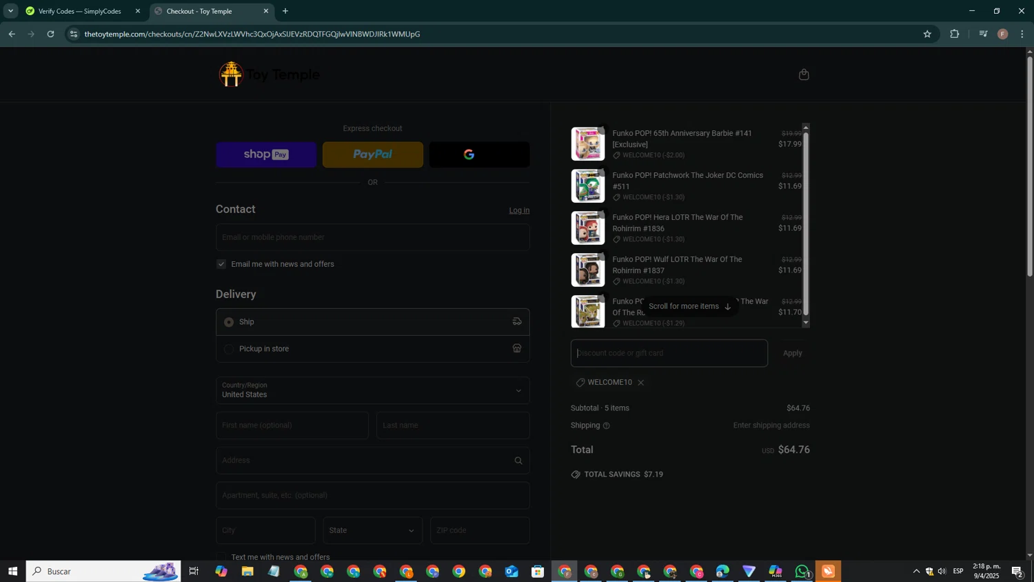 Toy Temple discount code screenshot showing code WELCOME10 applied at Toy Temple checkout page. Uploaded by SimplyCodes community member ValiantCollector267 on Apr 9, 2025