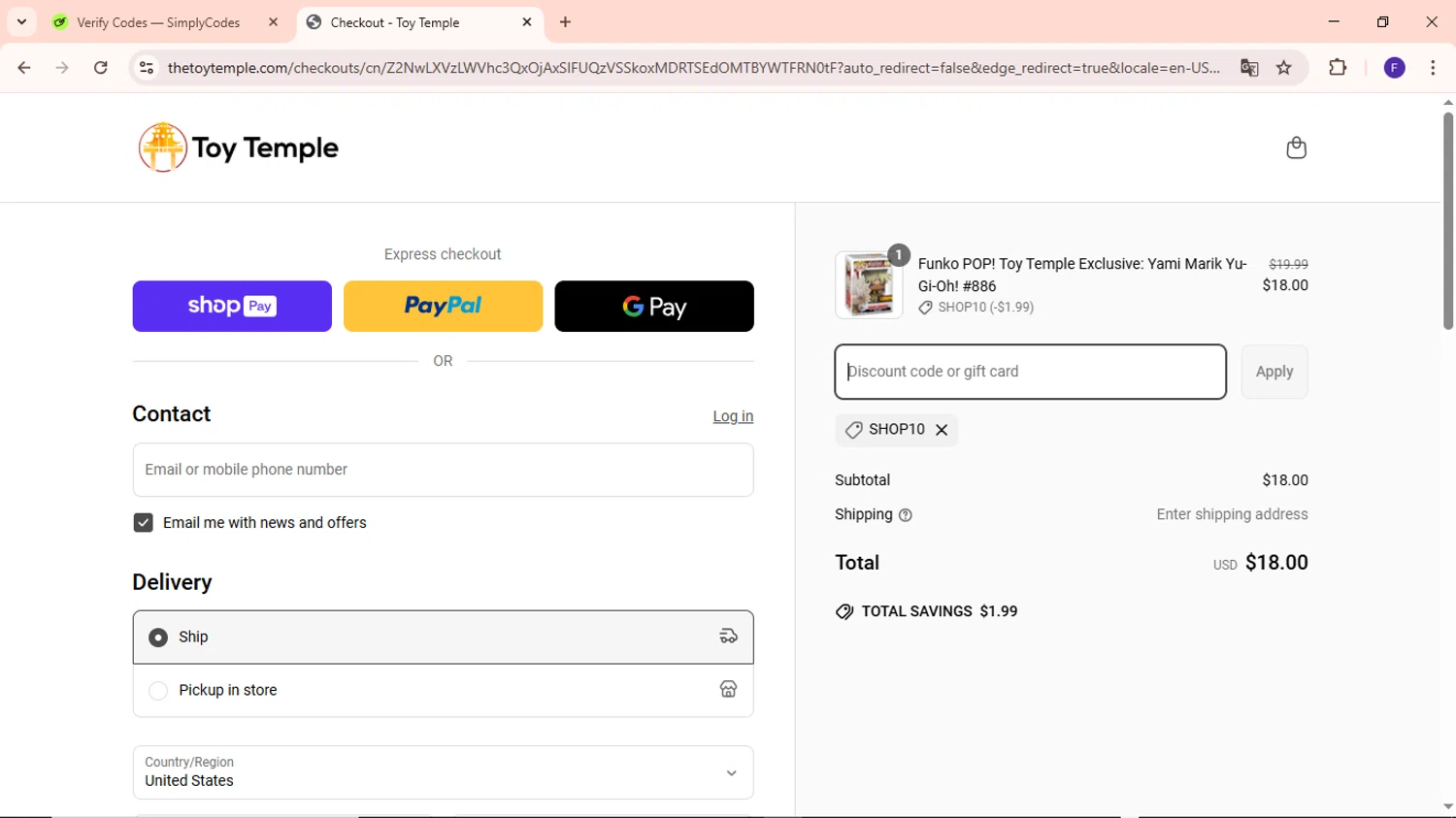 Toy Temple discount code screenshot showing code SHOP10 applied at Toy Temple checkout page. Uploaded by SimplyCodes community member MightyCaptain635 on Apr 2, 2025