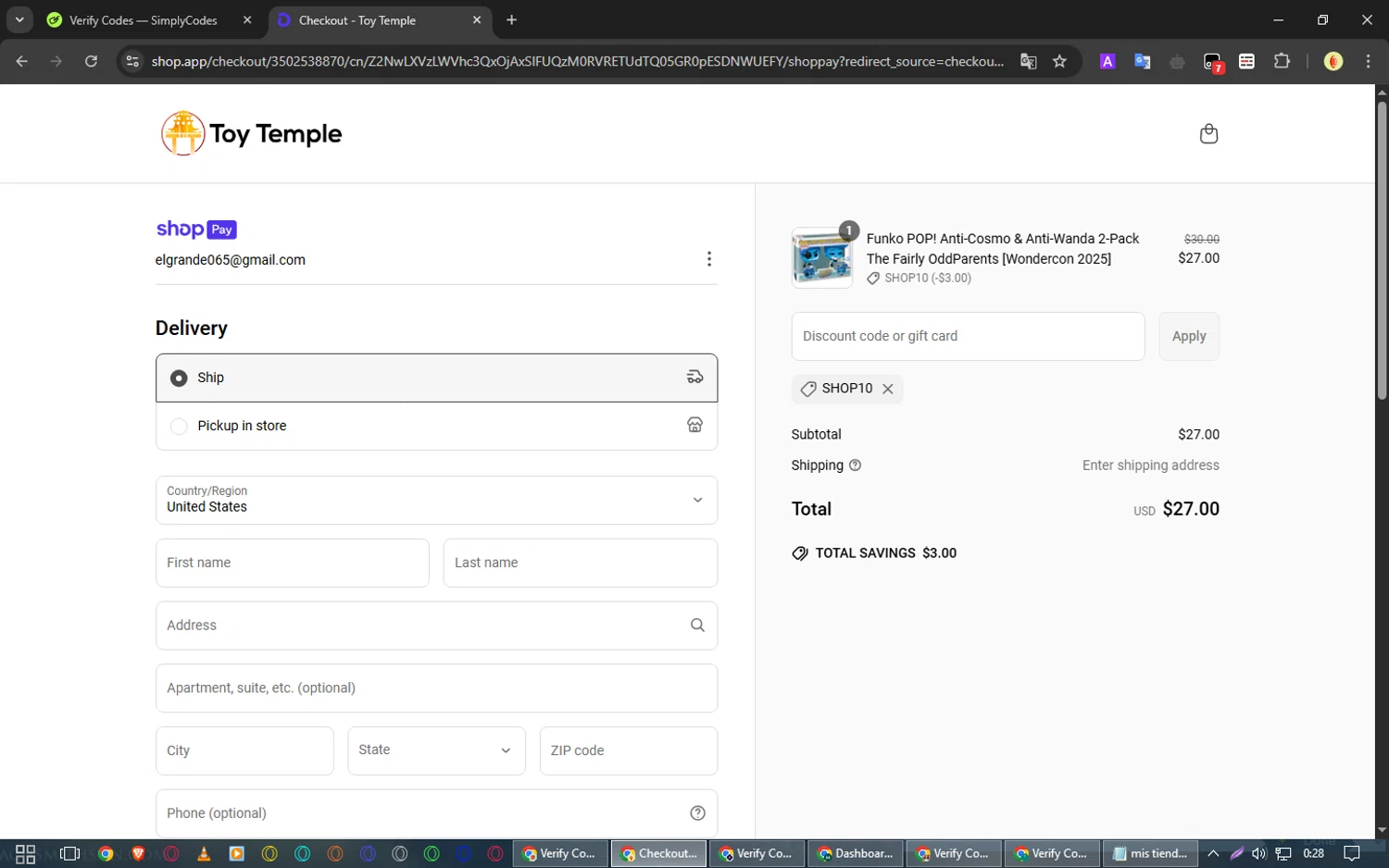 Toy Temple discount code screenshot showing code SHOP10 applied at Toy Temple checkout page. Uploaded by SimplyCodes community member WonderWarden4709 on Apr 2, 2025