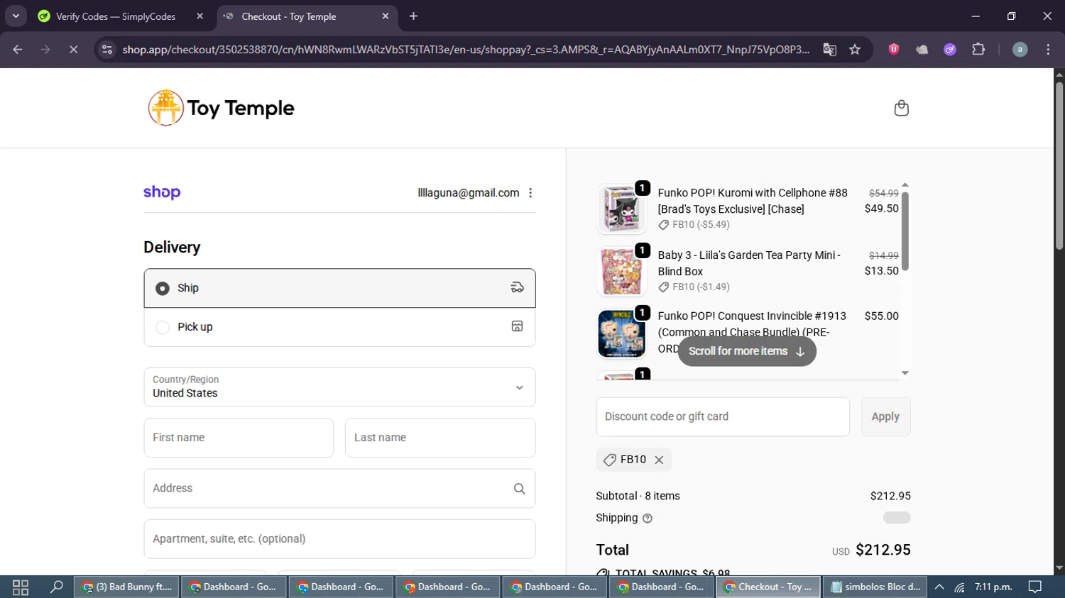 Toy Temple checkout page showing Toy Temple discount code box | Screenshot taken by SimplyCodes community member on Feb 5, 2026