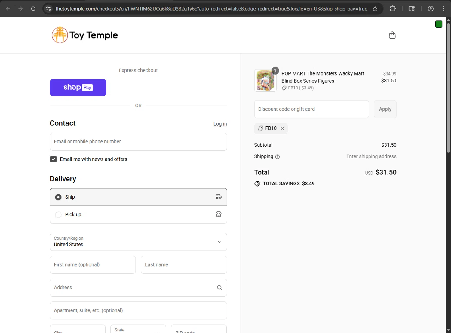 Toy Temple discount code screenshot showing code FB10 applied at Toy Temple checkout page. Uploaded by SimplyCodes community member luffyreturn on Aug 1, 2025