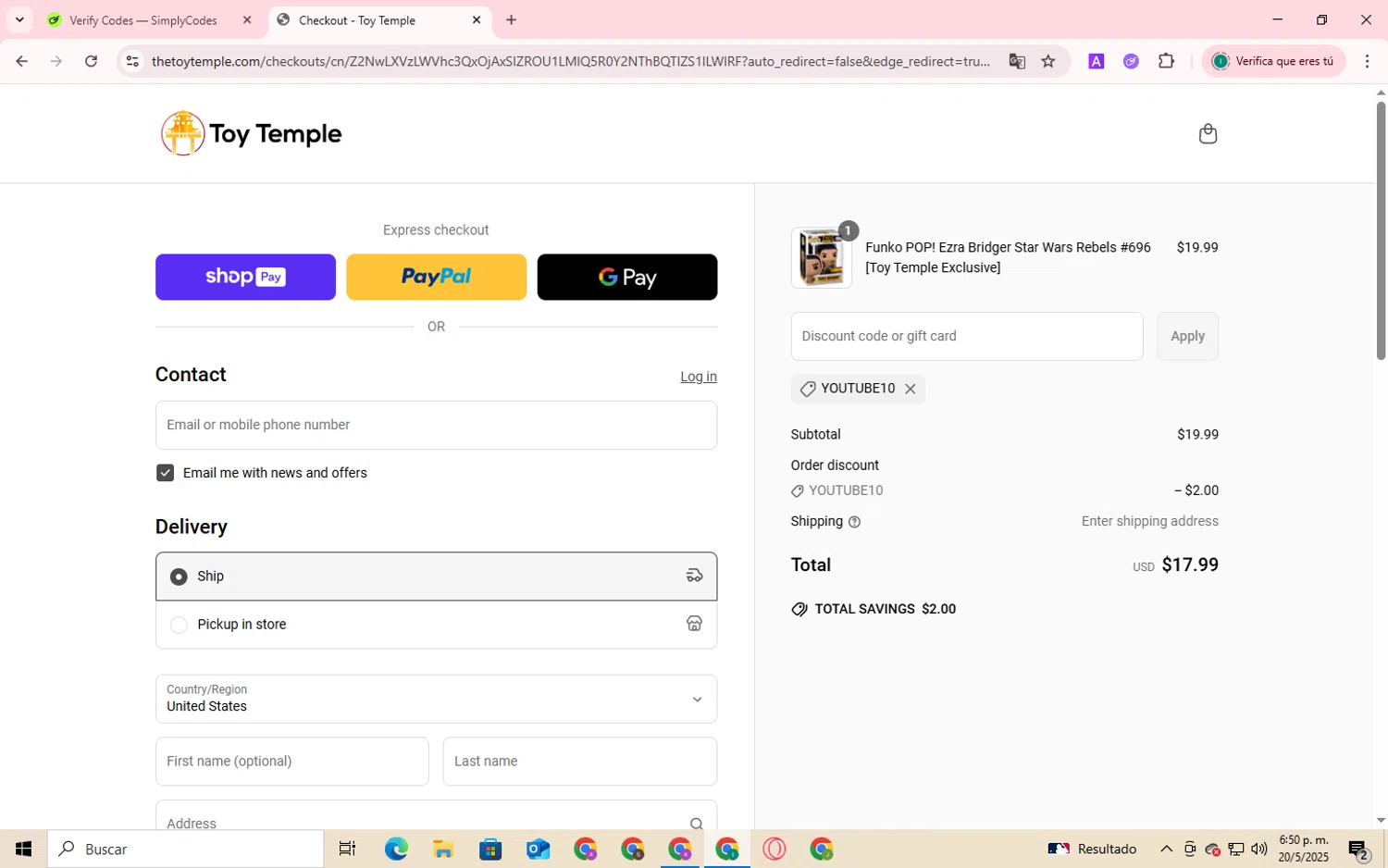 Toy Temple discount code screenshot showing code YOUTUBE10 applied at Toy Temple checkout page. Uploaded by SimplyCodes community member SmartShopper4328 on May 20, 2025