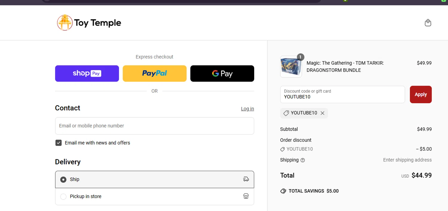 Toy Temple discount code screenshot showing code YOUTUBE10 applied at Toy Temple checkout page. Uploaded by SimplyCodes community member ashe1986 on May 20, 2025