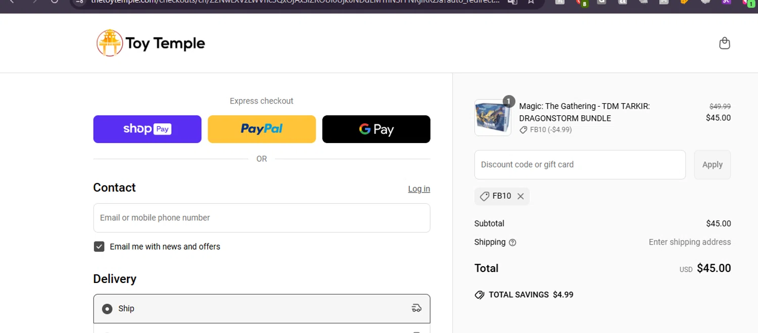 Toy Temple discount code screenshot showing code FB10 applied at Toy Temple checkout page. Uploaded by SimplyCodes community member ashe1986 on May 20, 2025