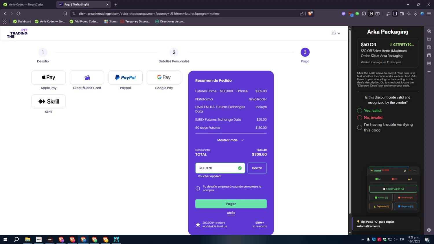 TheTradingPit promo code screenshot showing code REFUTZ8 applied at TheTradingPit checkout page. Uploaded by SimplyCodes community member GoldSaver3857 on Jan 17, 2026
