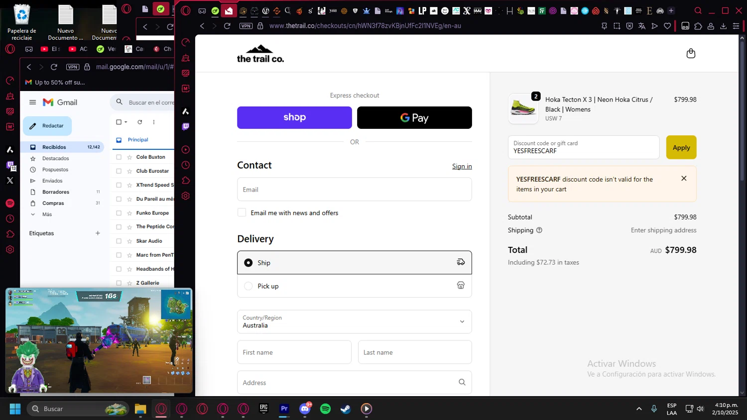 The Trail Co. promo code screenshot showing code YESFREESCARF applied at The Trail Co. checkout page. Uploaded by SimplyCodes community member Billyyou on Oct 2, 2025
