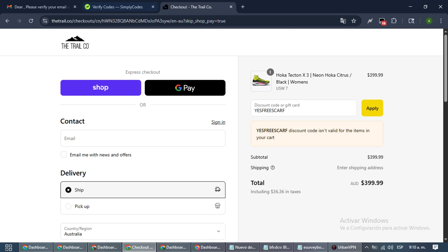 The Trail Co. promo code screenshot showing code YESFREESCARF applied at The Trail Co. checkout page. Uploaded by SimplyCodes community member CashLynx5338 on Sep 16, 2025