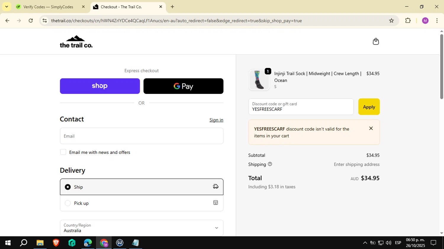 The Trail Co. promo code screenshot showing code YESFREESCARF applied at The Trail Co. checkout page. Uploaded by SimplyCodes community member NobleSeeker3177 on Oct 26, 2025