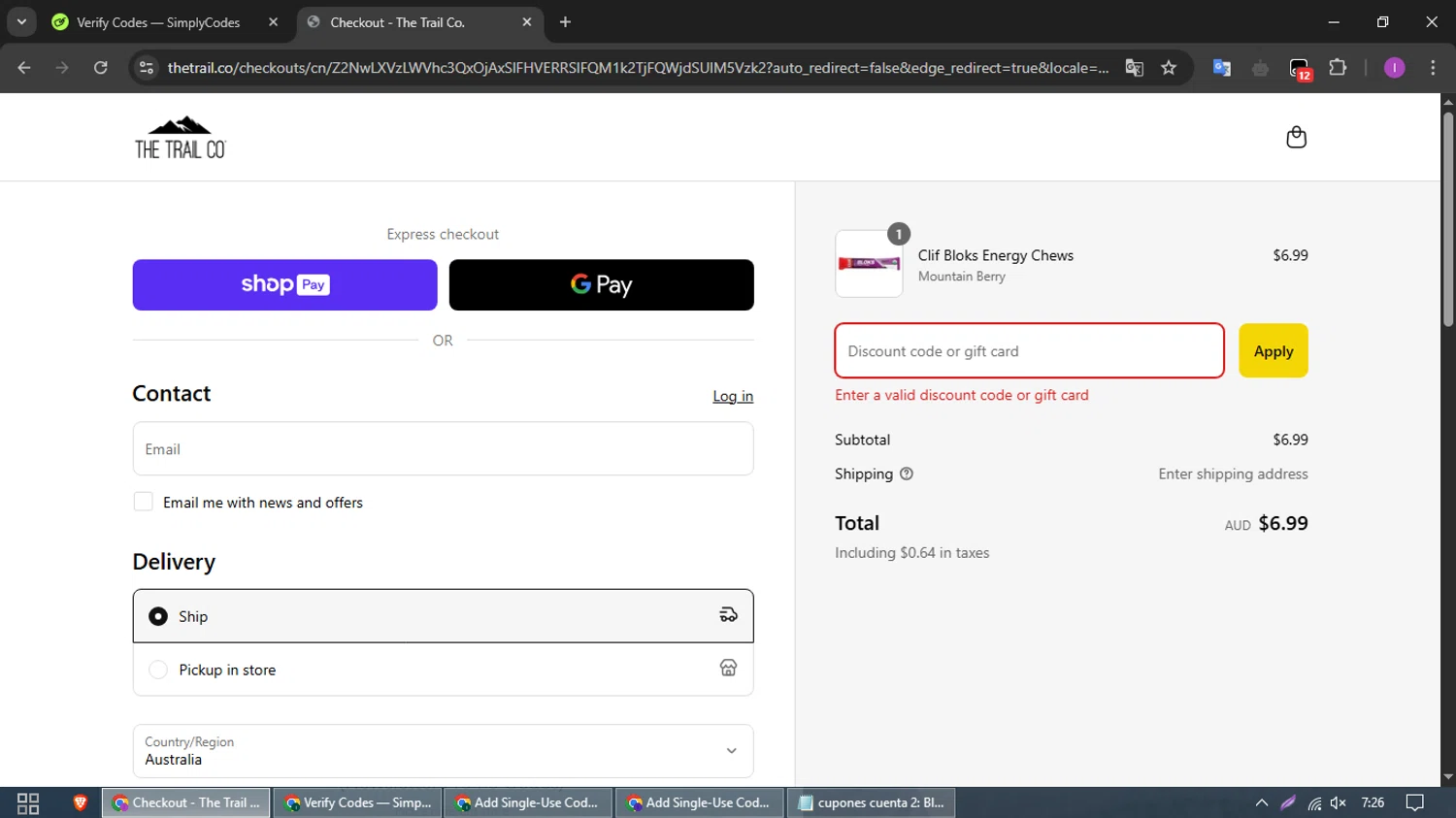 The Trail Co. promo code screenshot showing code RMARUNS2025 applied at The Trail Co. checkout page. Uploaded by SimplyCodes community member FrugalElite6366 on Mar 29, 2025