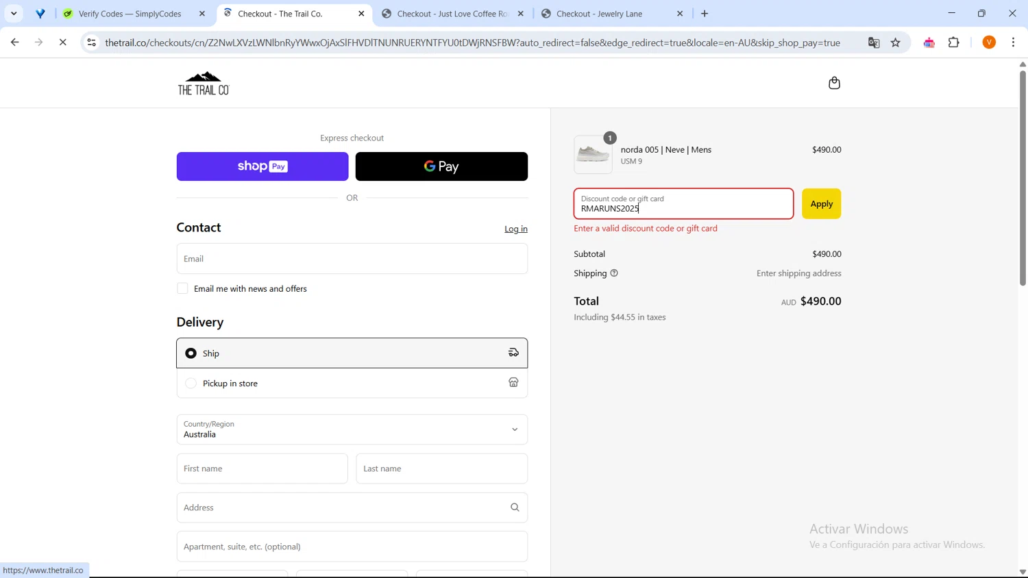 The Trail Co. promo code screenshot showing code RMARUNS2025 applied at The Trail Co. checkout page. Uploaded by SimplyCodes community member GoldFox1696 on Mar 29, 2025