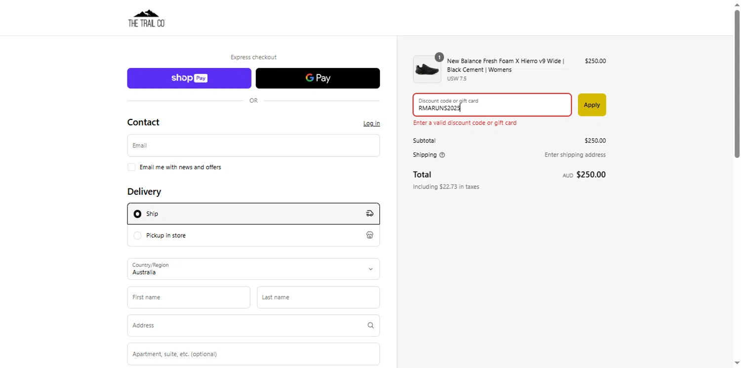 The Trail Co. promo code screenshot showing code RMARUNS2025 applied at The Trail Co. checkout page. Uploaded by SimplyCodes community member the_loose_cannon on Mar 29, 2025