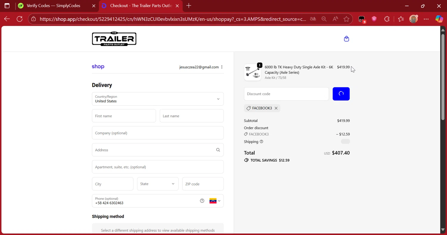 The Trailer Parts Outlet discount code screenshot showing code FACEBOOK3 applied at The Trailer Parts Outlet checkout page. Uploaded by SimplyCodes community member DiscountScout1417 on Oct 11, 2025