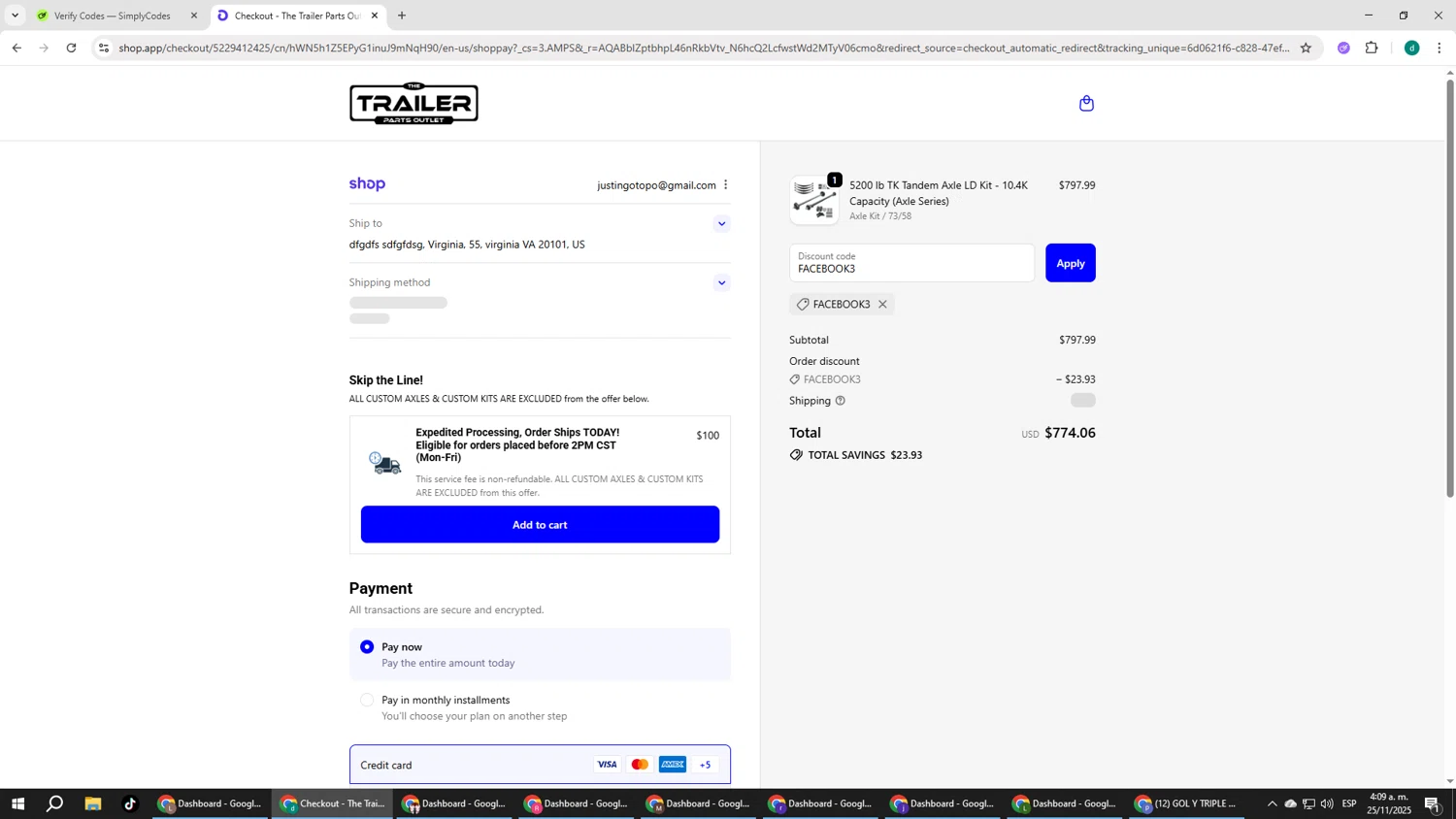The Trailer Parts Outlet discount code screenshot showing code FACEBOOK3 applied at The Trailer Parts Outlet checkout page. Uploaded by SimplyCodes community member HEROESCUDA on Nov 25, 2025