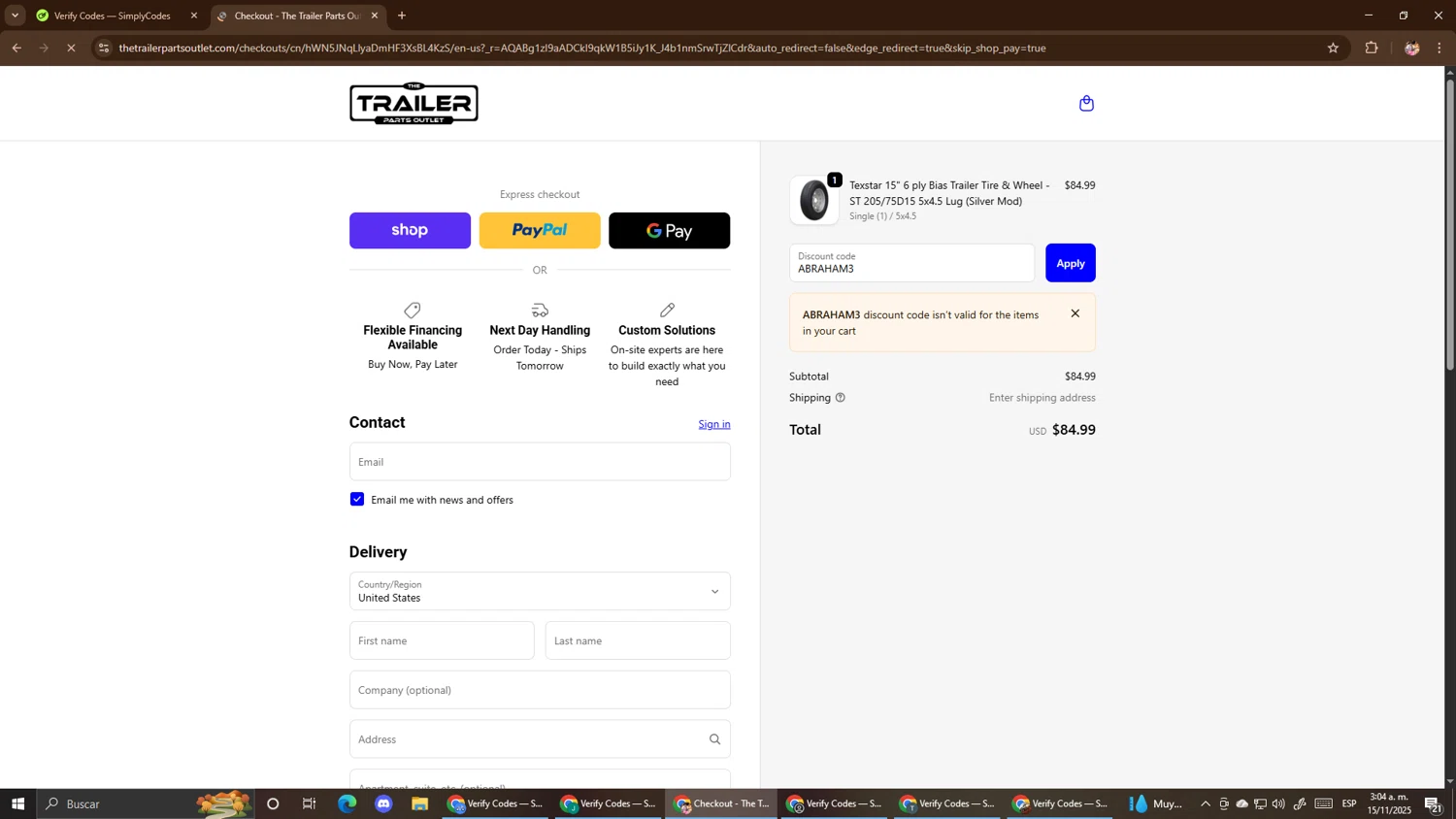 The Trailer Parts Outlet discount code screenshot showing code ABRAHAM3 applied at The Trailer Parts Outlet checkout page. Uploaded by SimplyCodes community member El_mynor on Nov 15, 2025