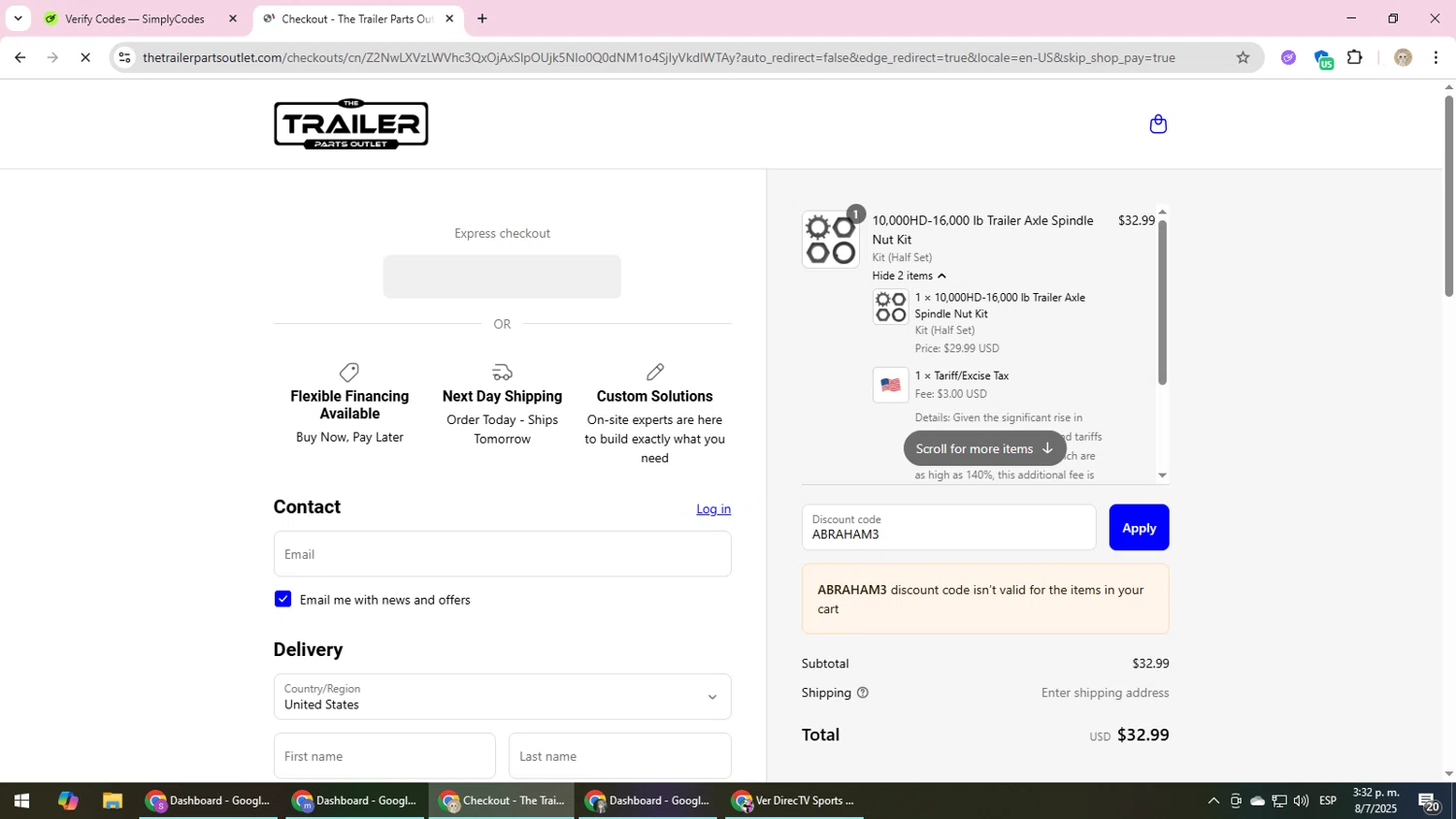 The Trailer Parts Outlet discount code screenshot showing code ABRAHAM3 applied at The Trailer Parts Outlet checkout page. Uploaded by SimplyCodes community member NobleScholar4826 on Jul 8, 2025