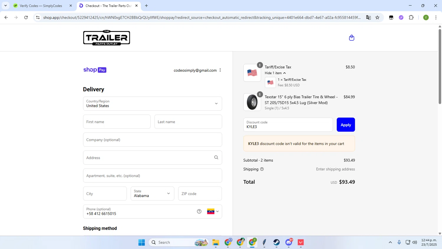The Trailer Parts Outlet discount code screenshot showing code KYLE3 applied at The Trailer Parts Outlet checkout page. Uploaded by SimplyCodes community member Irelia on Jul 23, 2025