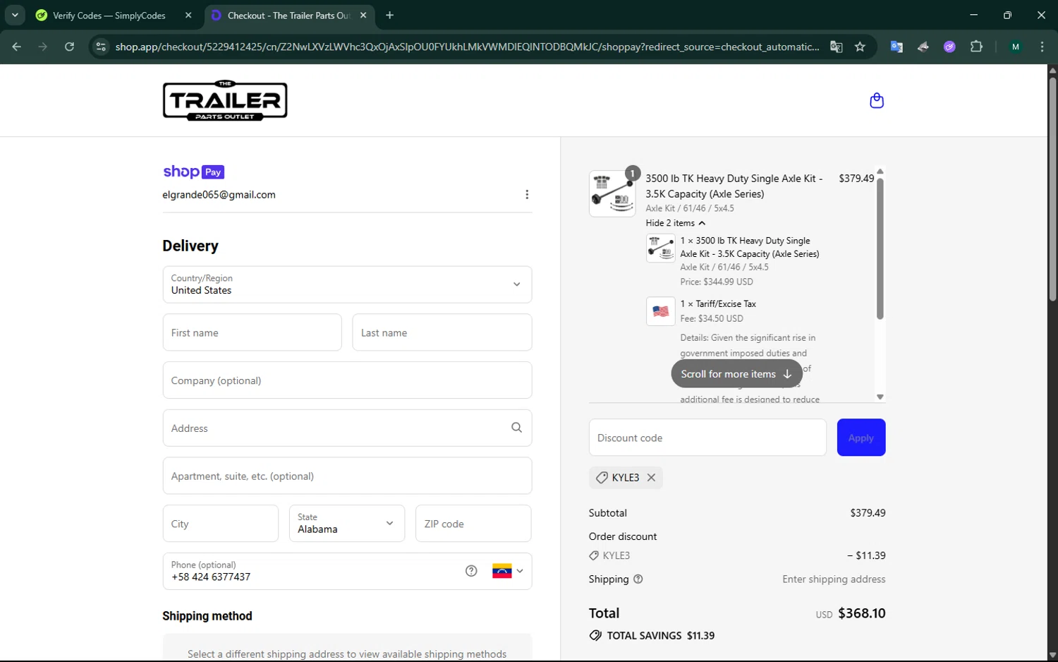 The Trailer Parts Outlet discount code screenshot showing code KYLE3 applied at The Trailer Parts Outlet checkout page. Uploaded by SimplyCodes community member ScanCurator288 on Jul 8, 2025