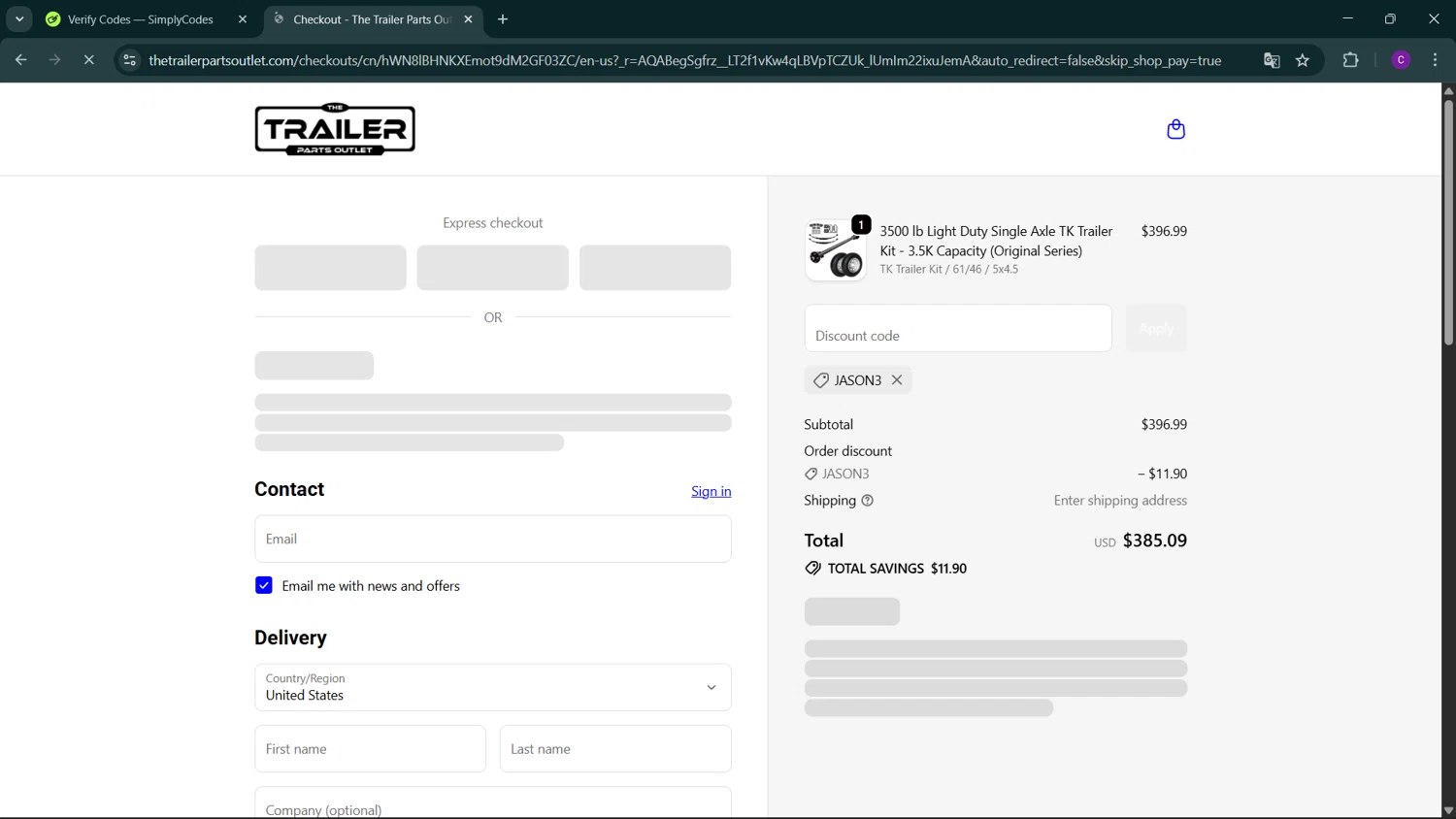 The Trailer Parts Outlet checkout page showing The Trailer Parts Outlet discount code box | Screenshot taken by SimplyCodes community member on Feb 14, 2026