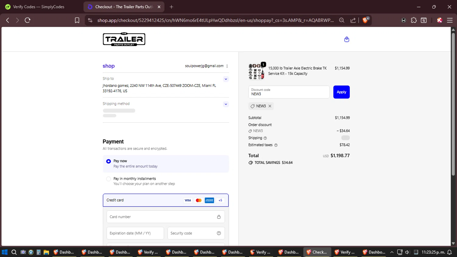 The Trailer Parts Outlet discount code screenshot showing code NEW3 applied at The Trailer Parts Outlet checkout page. Uploaded by SimplyCodes community member Amidamaru on Dec 24, 2025
