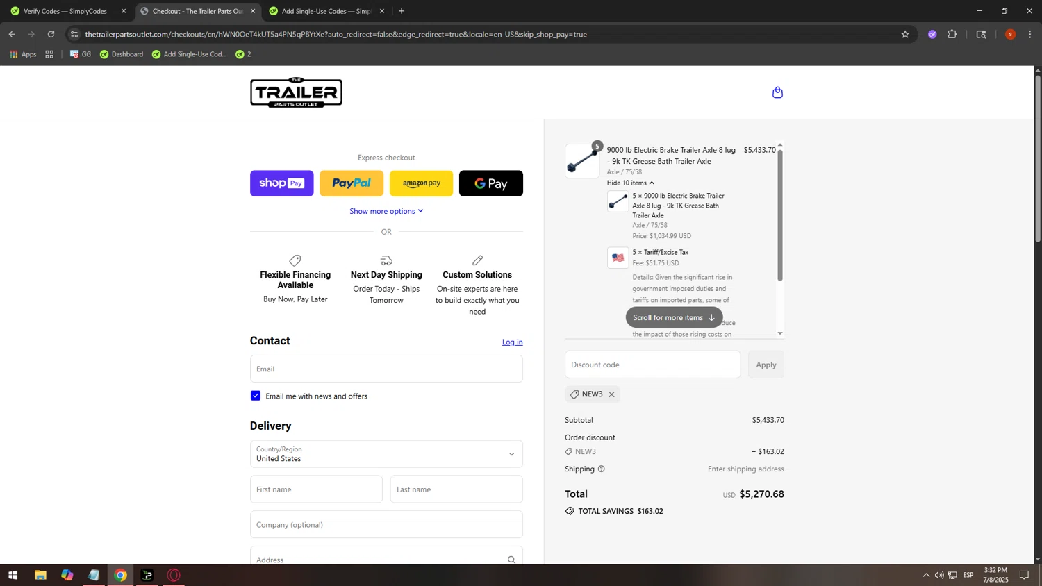 The Trailer Parts Outlet discount code screenshot showing code NEW3 applied at The Trailer Parts Outlet checkout page. Uploaded by SimplyCodes community member JohnSimply on Jul 8, 2025