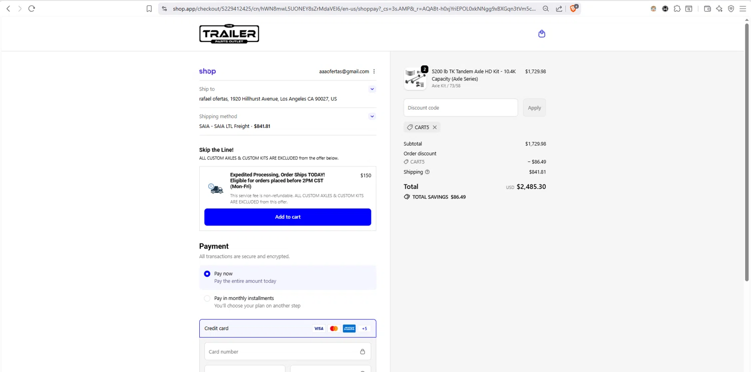 The Trailer Parts Outlet checkout page showing The Trailer Parts Outlet discount code box | Screenshot taken by SimplyCodes community member on Feb 14, 2026
