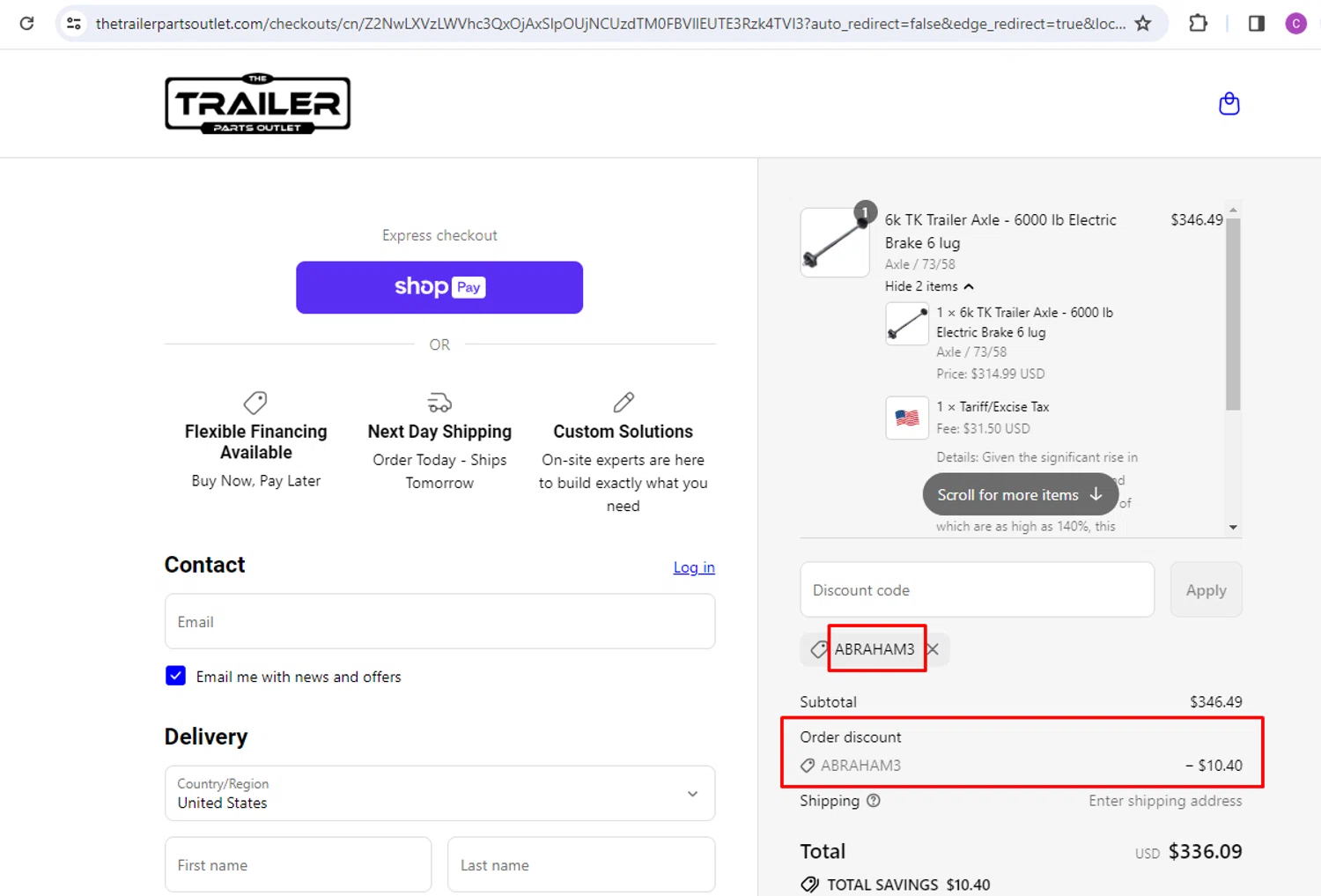 The Trailer Parts Outlet discount code screenshot showing code ABRAHAM3 applied at The Trailer Parts Outlet checkout page. Uploaded by SimplyCodes community member nileskamarcano on Jul 8, 2025