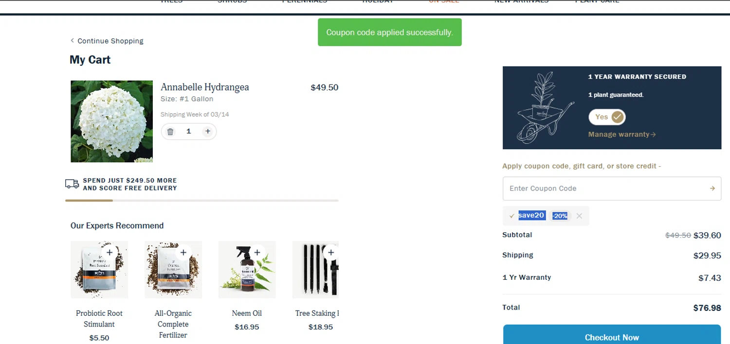 The Tree Center promo code screenshot showing code SAVE20 applied at The Tree Center checkout page. Uploaded by SimplyCodes community member DealPilot7721 on Dec 26, 2025