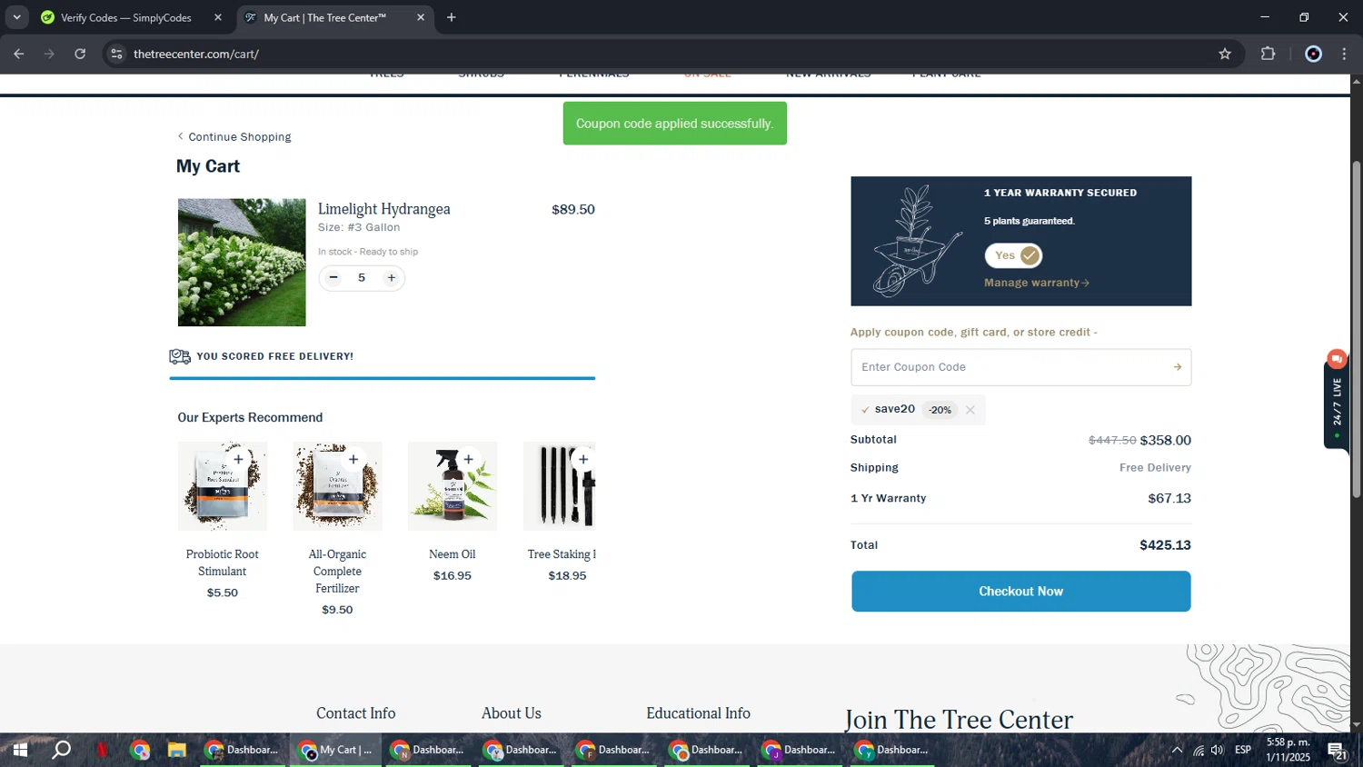 The Tree Center promo code screenshot showing code SAVE20 applied at The Tree Center checkout page. Uploaded by SimplyCodes community member RoyalBoss4384 on Nov 1, 2025