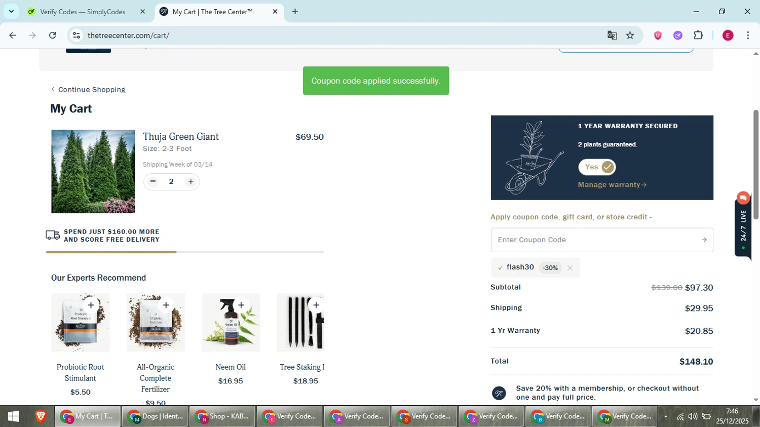 The Tree Center promo code screenshot showing code FLASH30 applied at The Tree Center checkout page. Uploaded by SimplyCodes community member BrilliantWhiz4434 on Dec 25, 2025