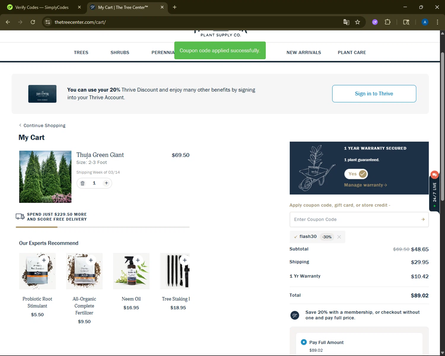 The Tree Center checkout page showing The Tree Center promo code box | Screenshot taken by SimplyCodes community member on Dec 31, 2025