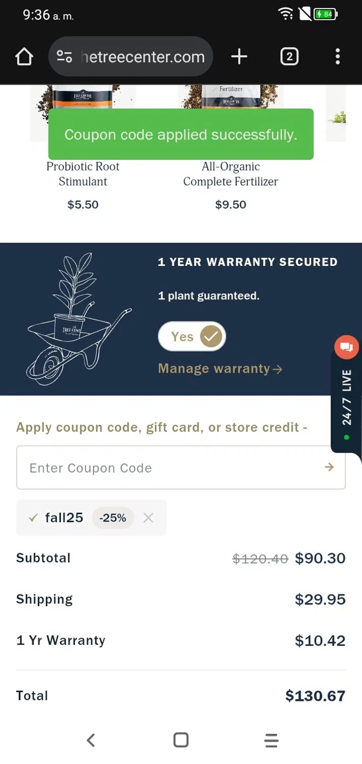 The Tree Center promo code screenshot showing code FALL25 applied at The Tree Center checkout page. Uploaded by SimplyCodes community member RoyalSpotter5217 on Nov 11, 2025
