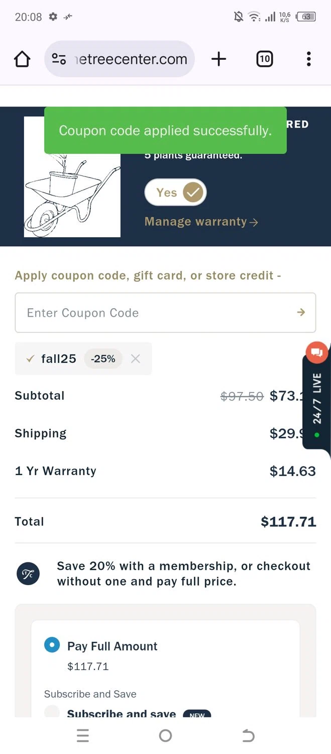 The Tree Center promo code screenshot showing code FALL25 applied at The Tree Center checkout page. Uploaded by SimplyCodes community member Sheele_Icon on Nov 1, 2025