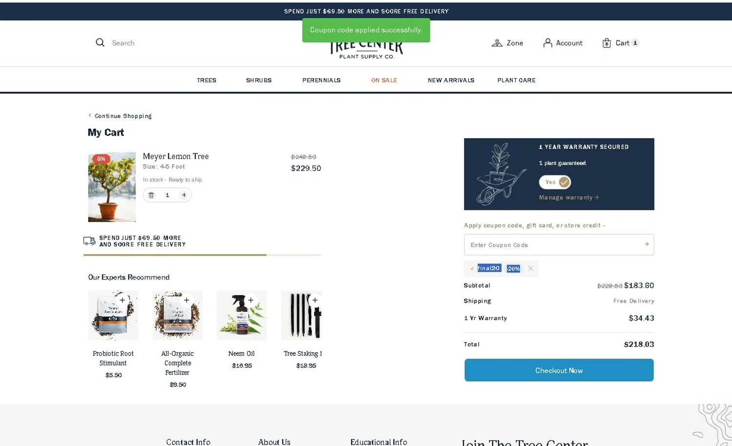 The Tree Center promo code screenshot showing code FINAL20 applied at The Tree Center checkout page. Uploaded by SimplyCodes community member LAMINEJAMAL on Nov 24, 2025