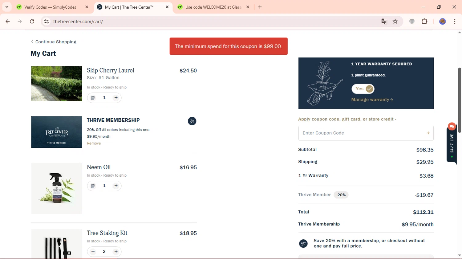The Tree Center promo code screenshot showing code FINAL20 applied at The Tree Center checkout page. Uploaded by SimplyCodes community member ExtraordinaryBoss3426 on Apr 9, 2025