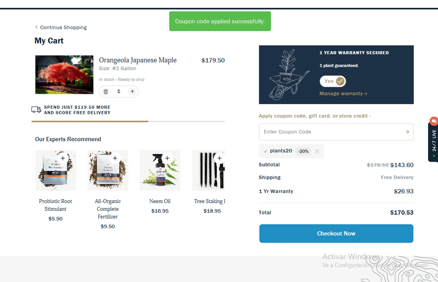 The Tree Center promo code screenshot showing code Plants20 applied at The Tree Center checkout page. Uploaded by SimplyCodes community member Gary_23 on Nov 16, 2025