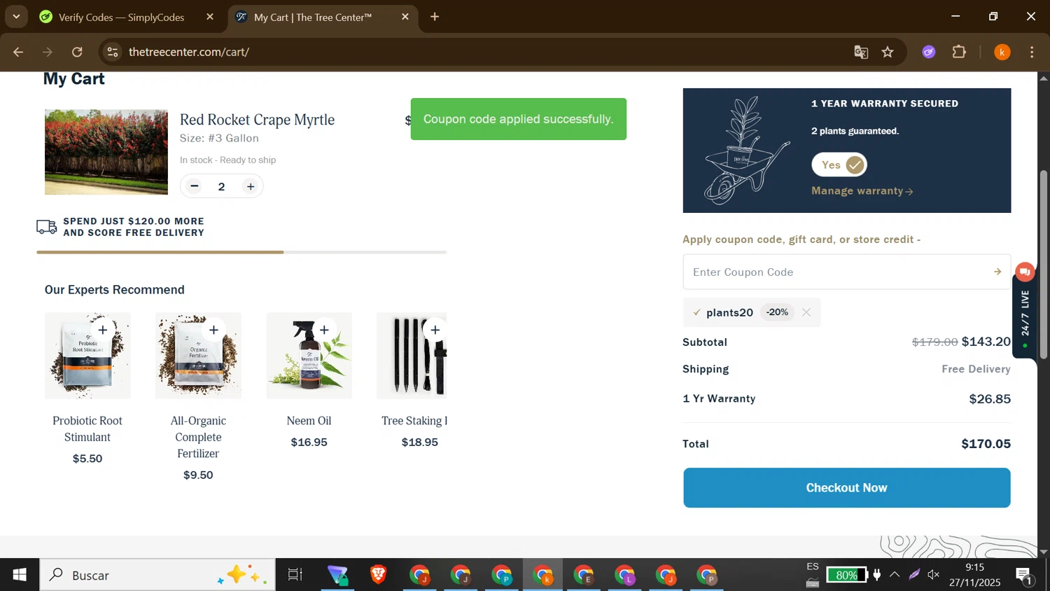 The Tree Center promo code screenshot showing code Plants20 applied at The Tree Center checkout page. Uploaded by SimplyCodes community member MoneyShopper1883 on Nov 27, 2025