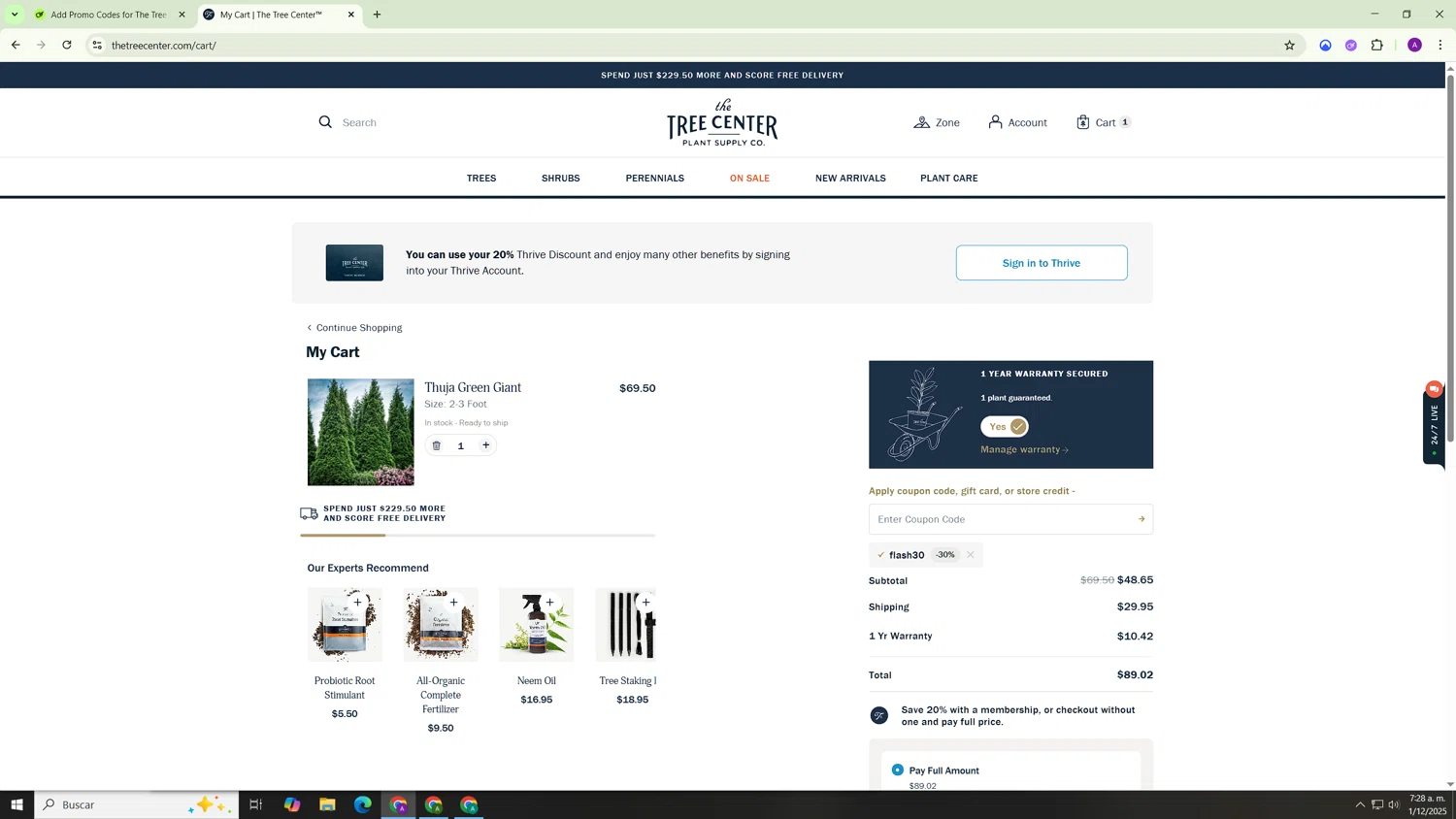 The Tree Center promo code screenshot showing code FLASH30 applied at The Tree Center checkout page. Uploaded by SimplyCodes community member Hasta_El_Final on Dec 1, 2025