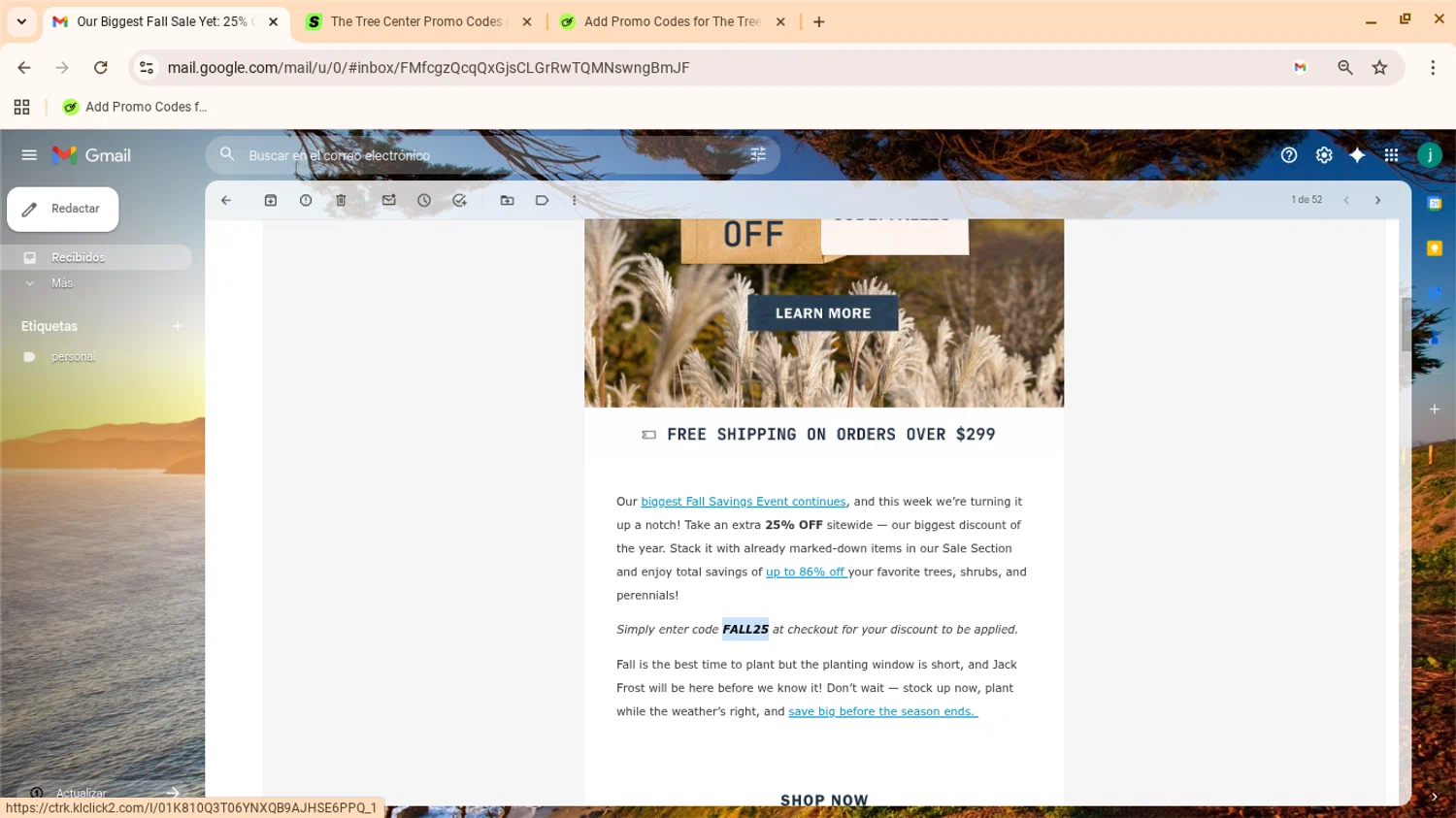 The Tree Center promo code screenshot showing code FALL25 applied at The Tree Center checkout page. Uploaded by SimplyCodes community member yennifergonzalez on Oct 20, 2025