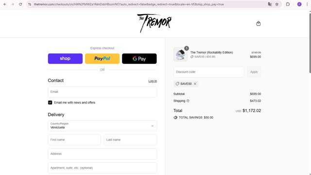 The Tremor checkout page showing The Tremor discount code box | Screenshot taken by SimplyCodes community member on Aug 30, 2025
