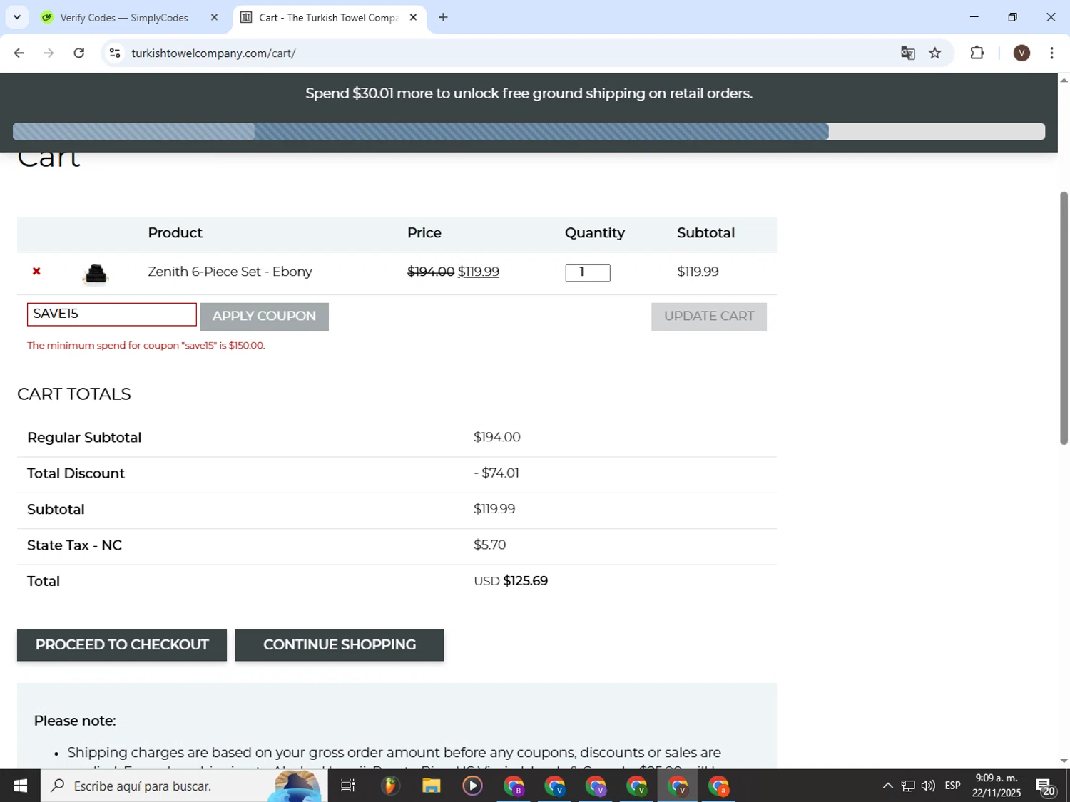 The Turkish Towel Company promo code screenshot showing code SAVE15 applied at The Turkish Towel Company checkout page. Uploaded by SimplyCodes community member CashLion3448 on Nov 22, 2025