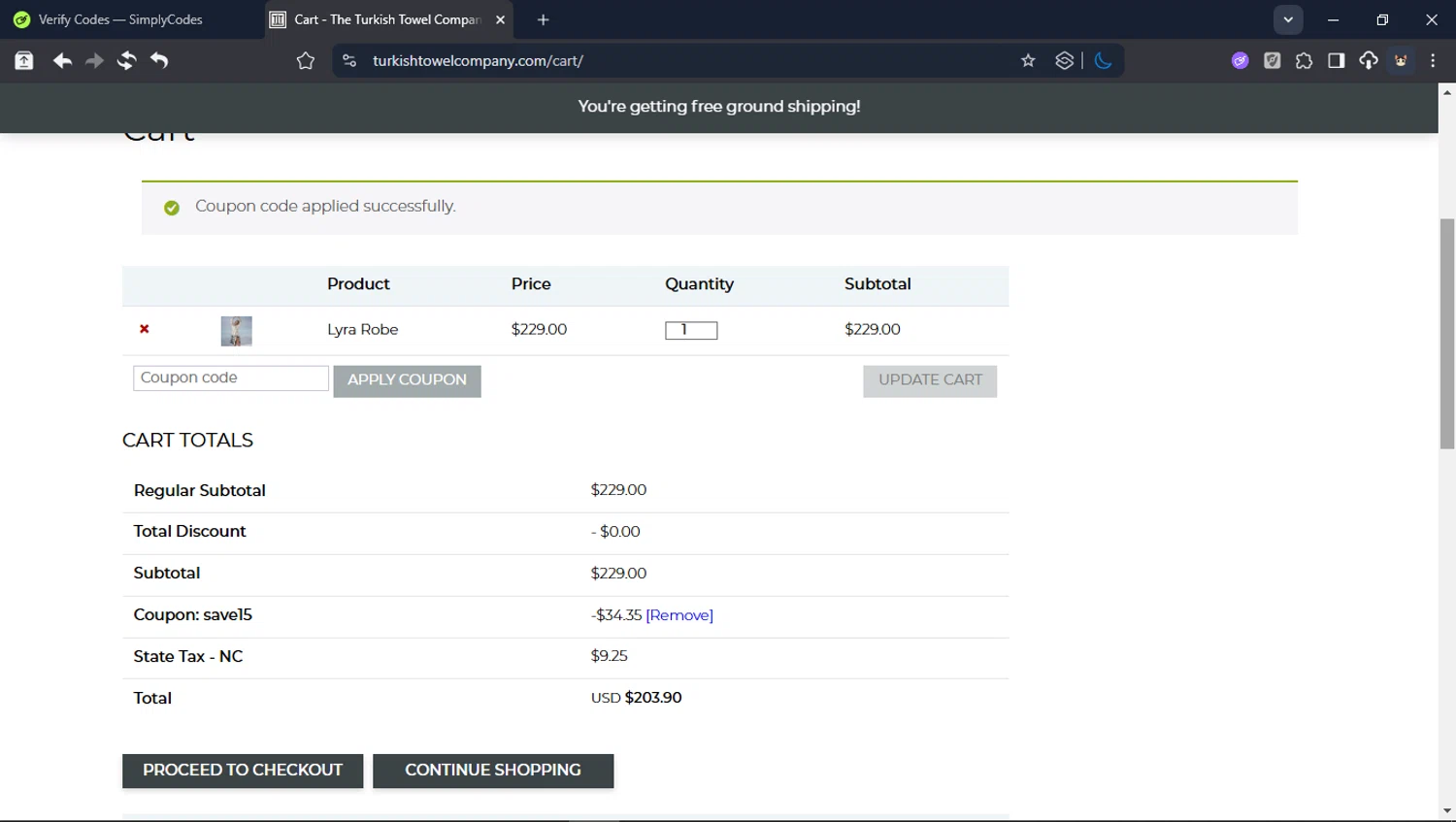 The Turkish Towel Company promo code screenshot showing code SAVE15 applied at The Turkish Towel Company checkout page. Uploaded by SimplyCodes community member USER_RANDON on Dec 30, 2025