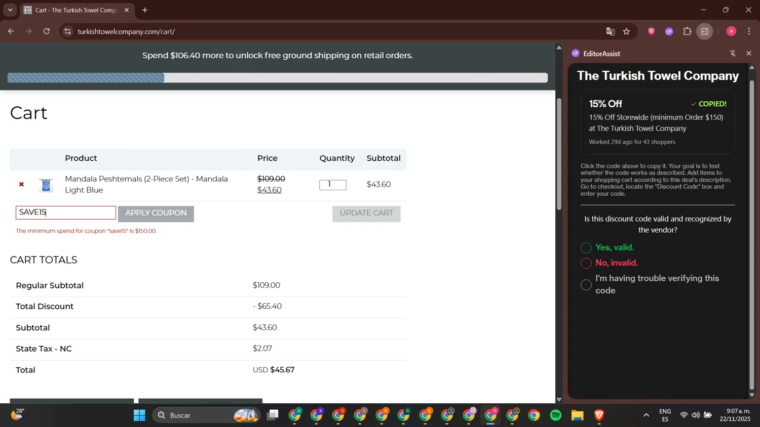 The Turkish Towel Company promo code screenshot showing code SAVE15 applied at The Turkish Towel Company checkout page. Uploaded by SimplyCodes community member alejandrobermudez on Nov 22, 2025