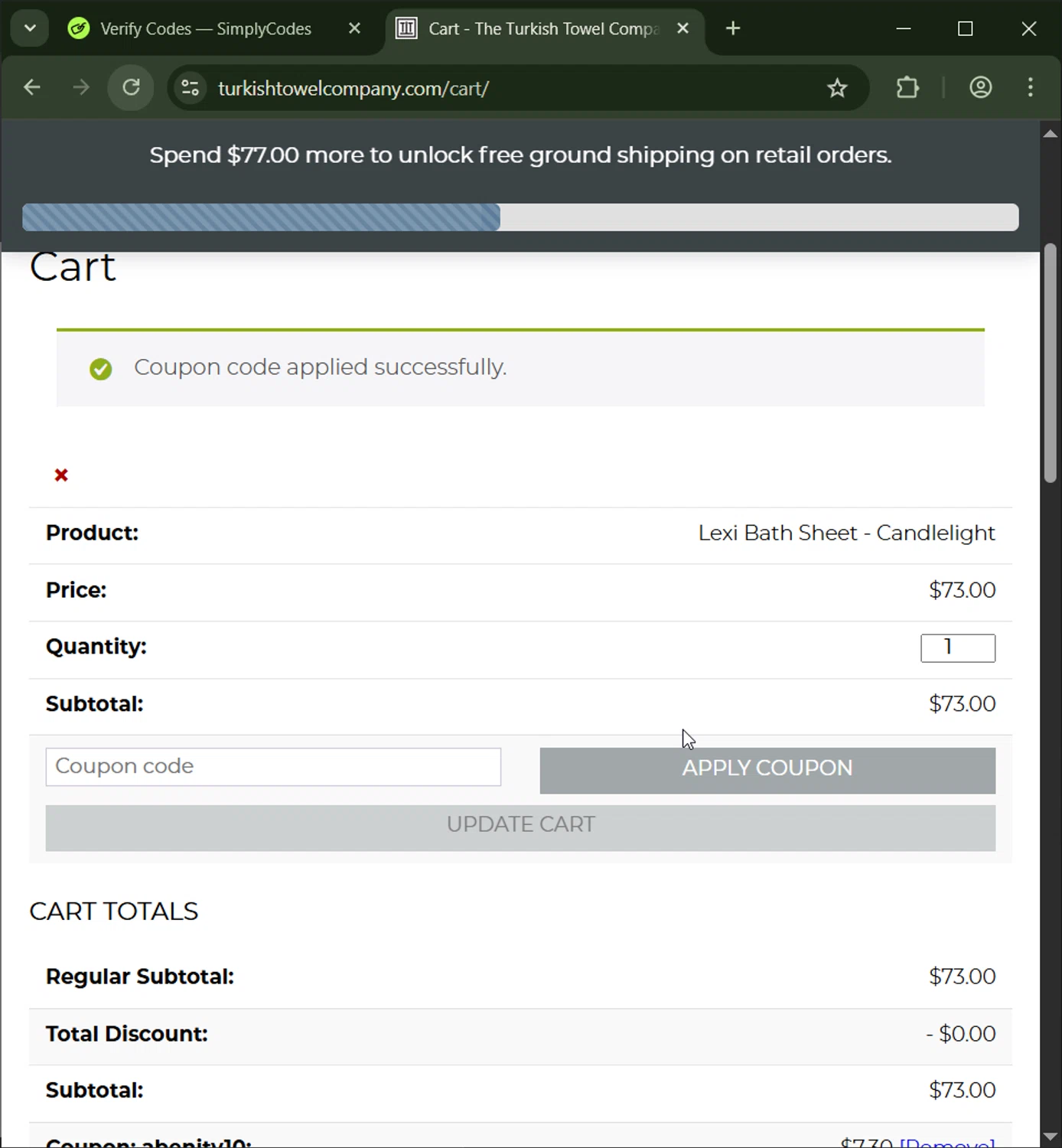 The Turkish Towel Company promo code screenshot showing code ABENITY10 applied at The Turkish Towel Company checkout page. Uploaded by SimplyCodes community member CashWizard4502 on Dec 1, 2025